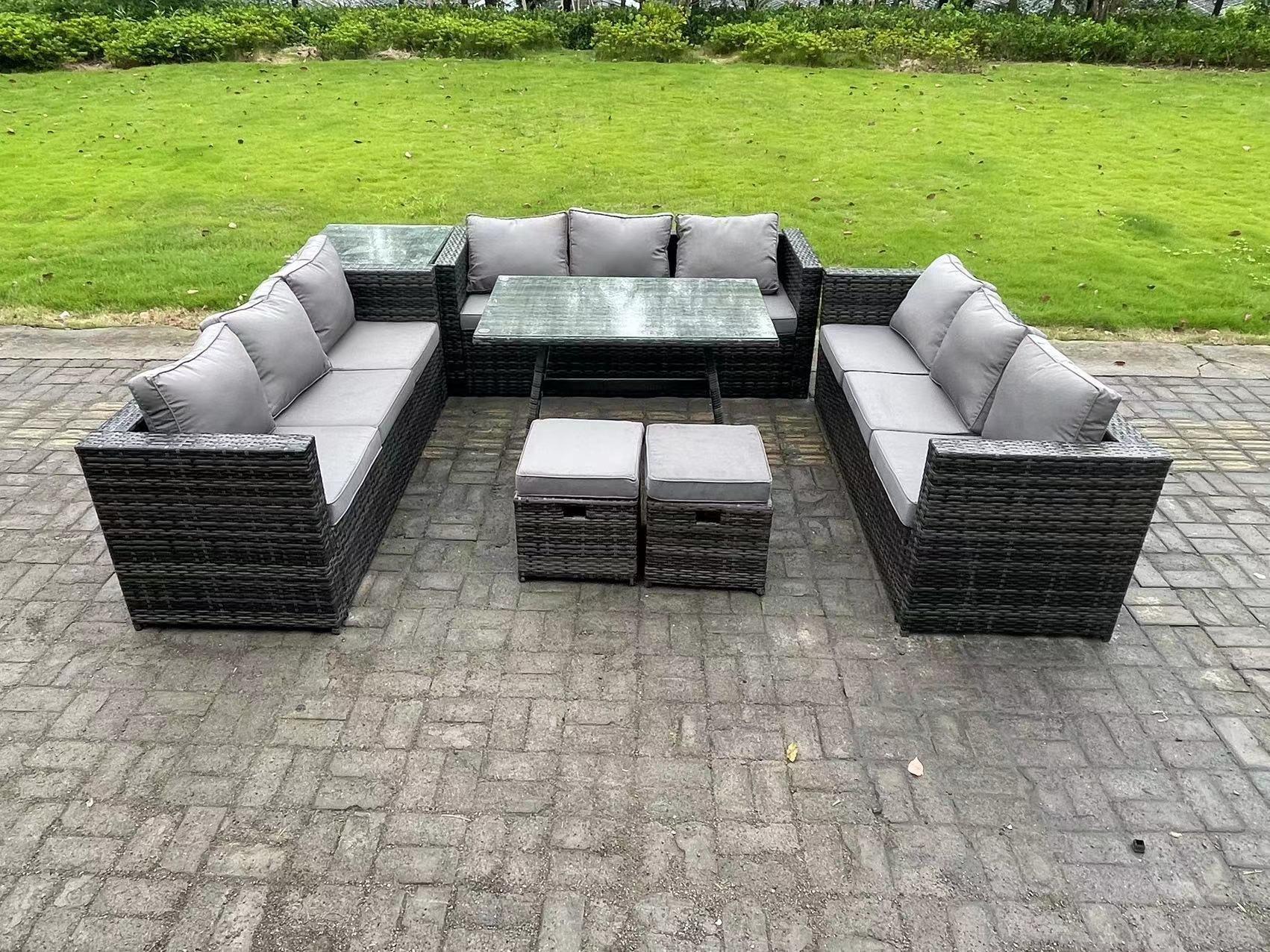 Rattan Outdoor Furniture Lounge Sofa Garden Dining Set with Dining Table Side Table 2 Small Footstoo